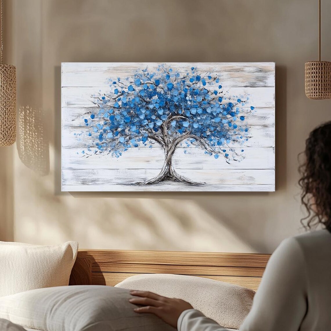 Modern Blue Tree Palette Knife Painting, Abstract - Image 4