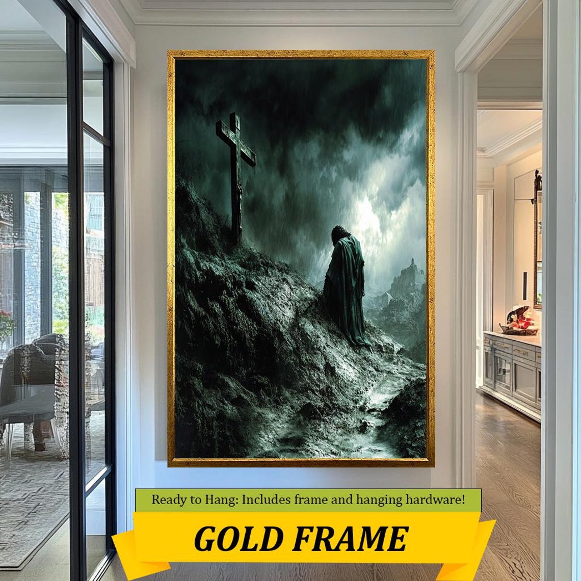 Jesus Approaching The Cross On Stormy Dark Mountain Rock Art Poster - Image 5