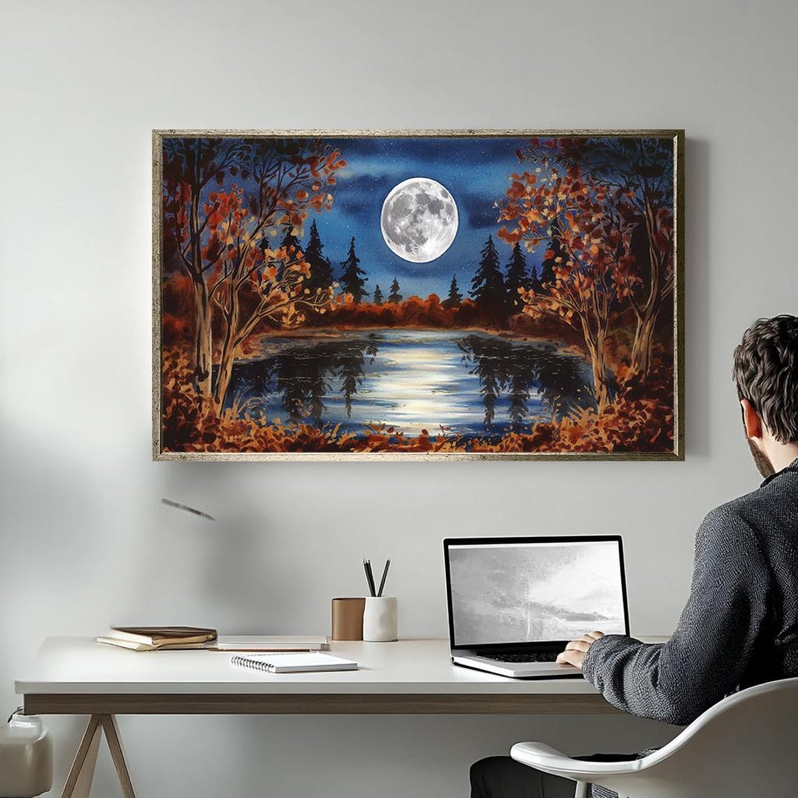 Full Moon Autumn Night Lake Watercolor Forest Landscape Wall Poster - Image 3