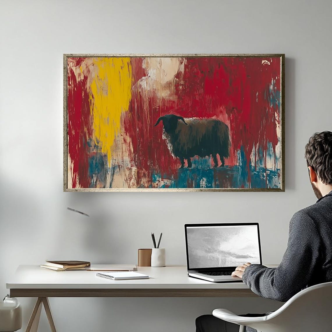 Black Sheep Silhouette Red Yellow Abstract Rustic Farm Animal Poster - Image 5