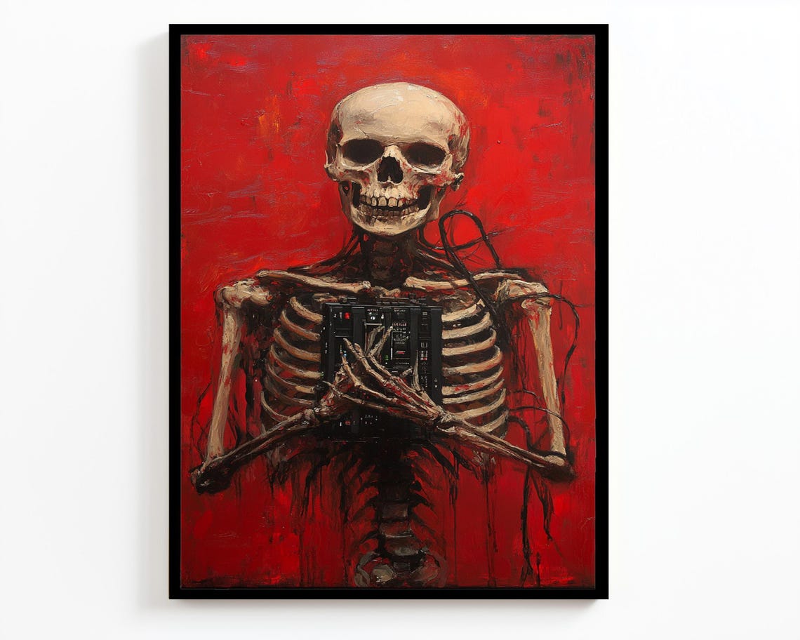 Dark Surreal Skeleton Holding Boombox Red Background Gothic Poster - Image 4