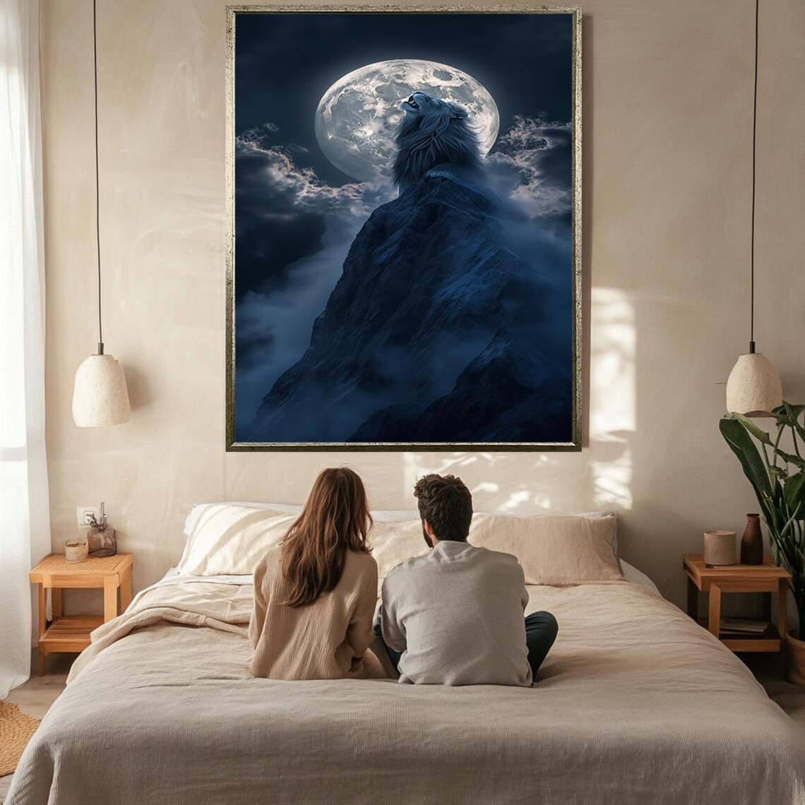Blue Lion Moon Mountain Night Mystical Wildlife Fantasy Art Poster - Image 2