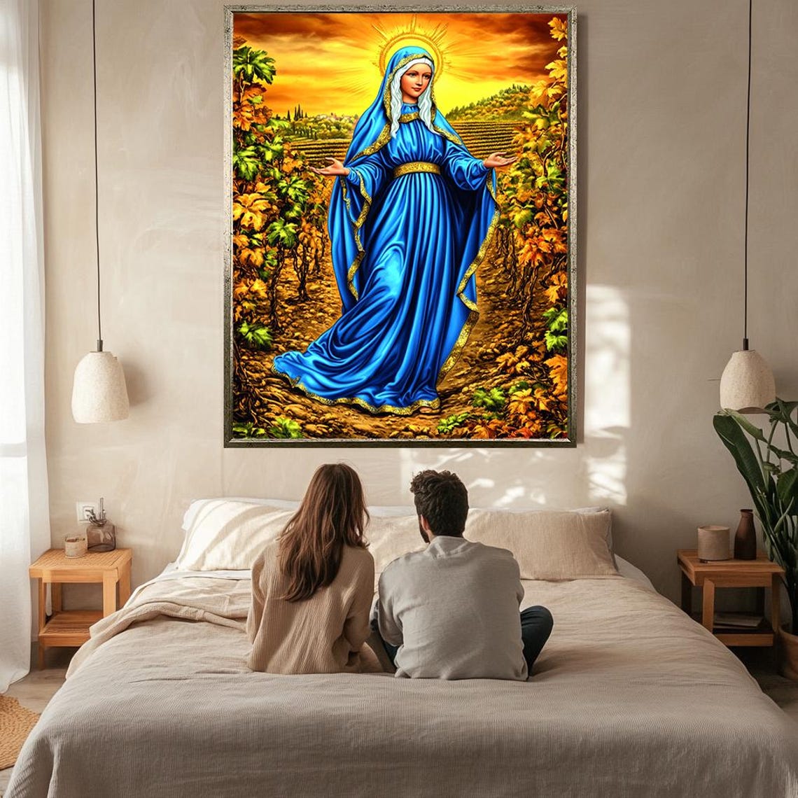 Virgin Mary In Blue Robe Vineyard Sunset Golden Halo Religious Poster - Image 2