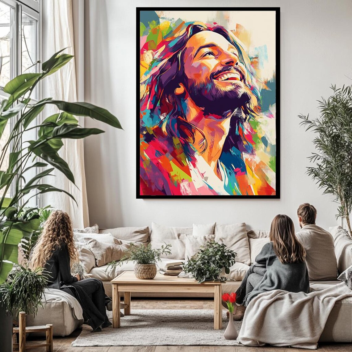 Joyful Laughing Jesus Colorful Pop Art Portrait Rainbow Brushwork Poster - Image 3
