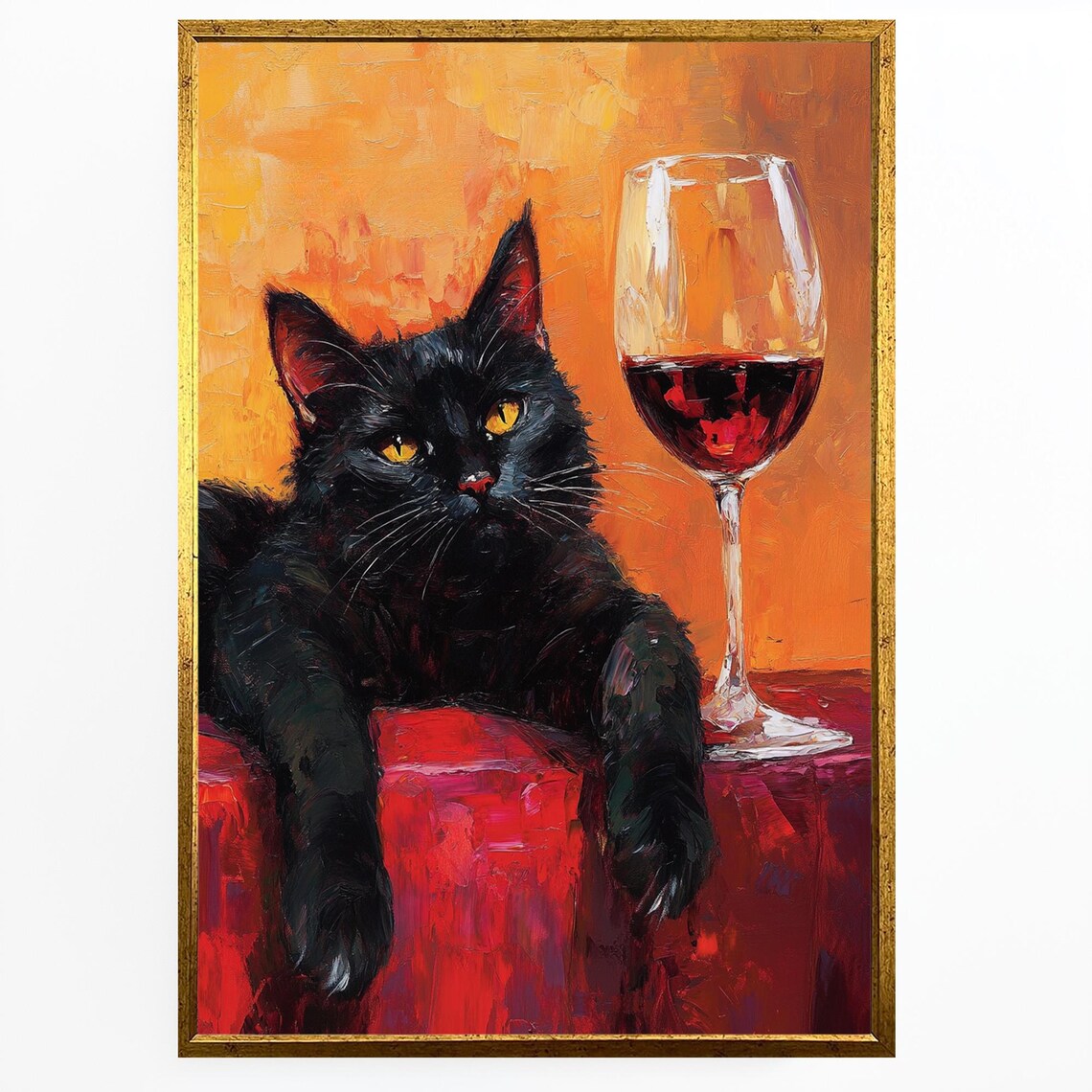 Black Cat With Red Wine Glass Fun Impasto Feline Painting Poster - Image 4