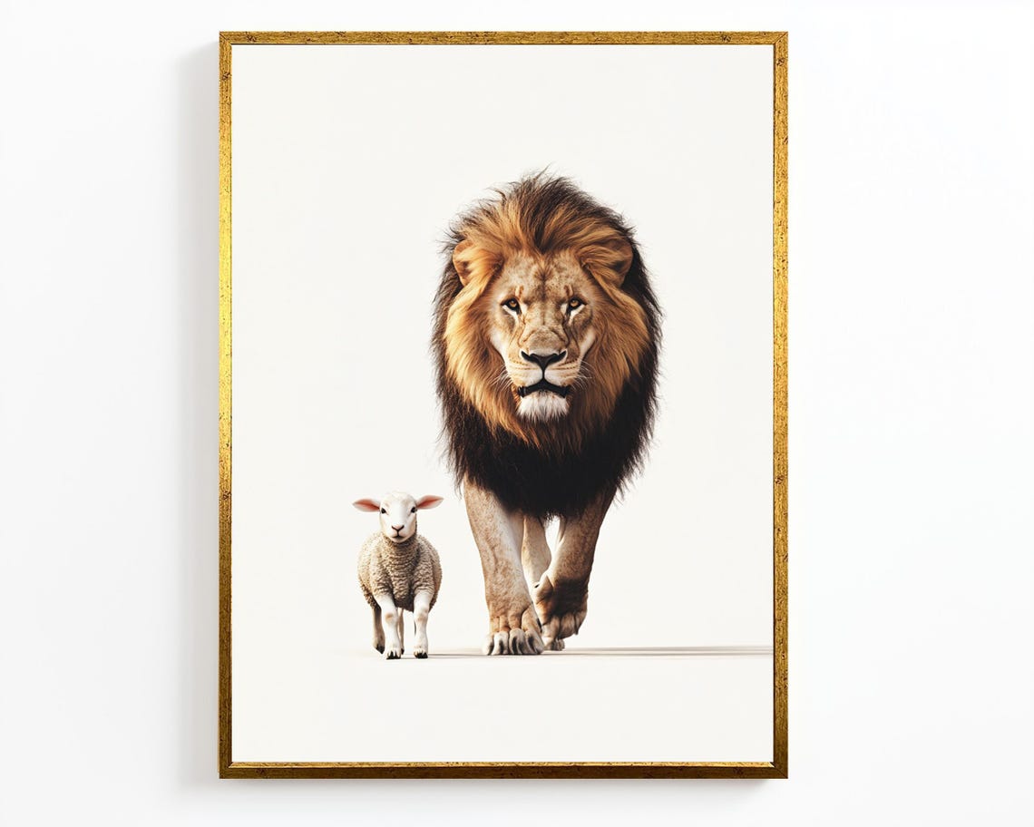 Lion And Lamb Walking Forward White Background Symbolic Peace Poster - Image 4