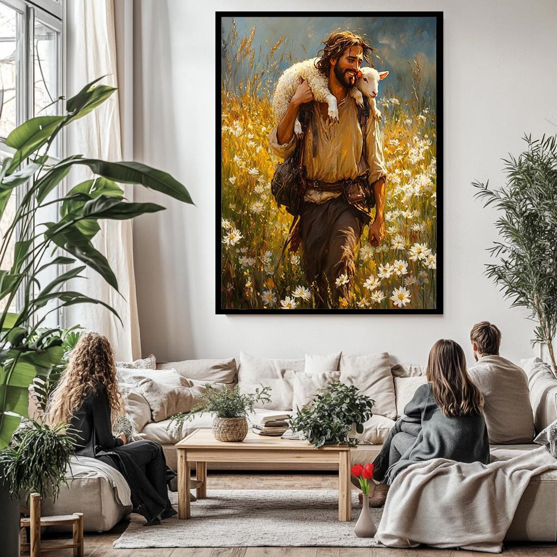 Good Shepherd Jesus Carrying Lamb On Shoulders Through Wheat Poster - Image 3