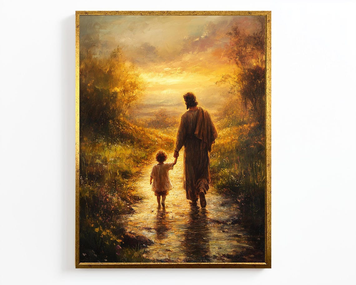 Jesus Walking Hand In Hand With Small Child On Golden Path Poster - Image 4