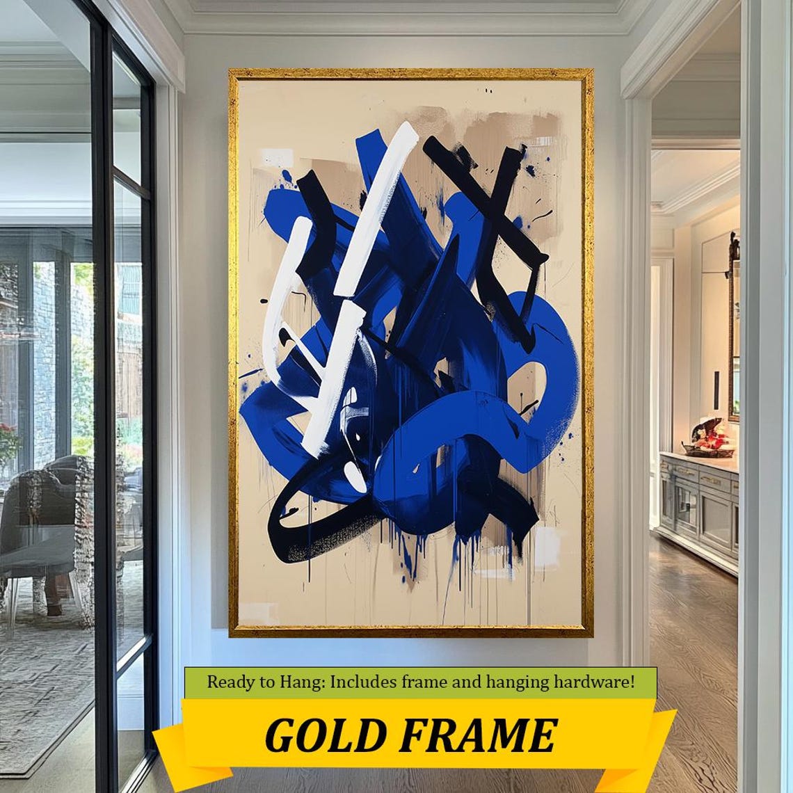 Bold Blue Black White Brush Stroke Beige Modern Abstract Art Poster - Image 5