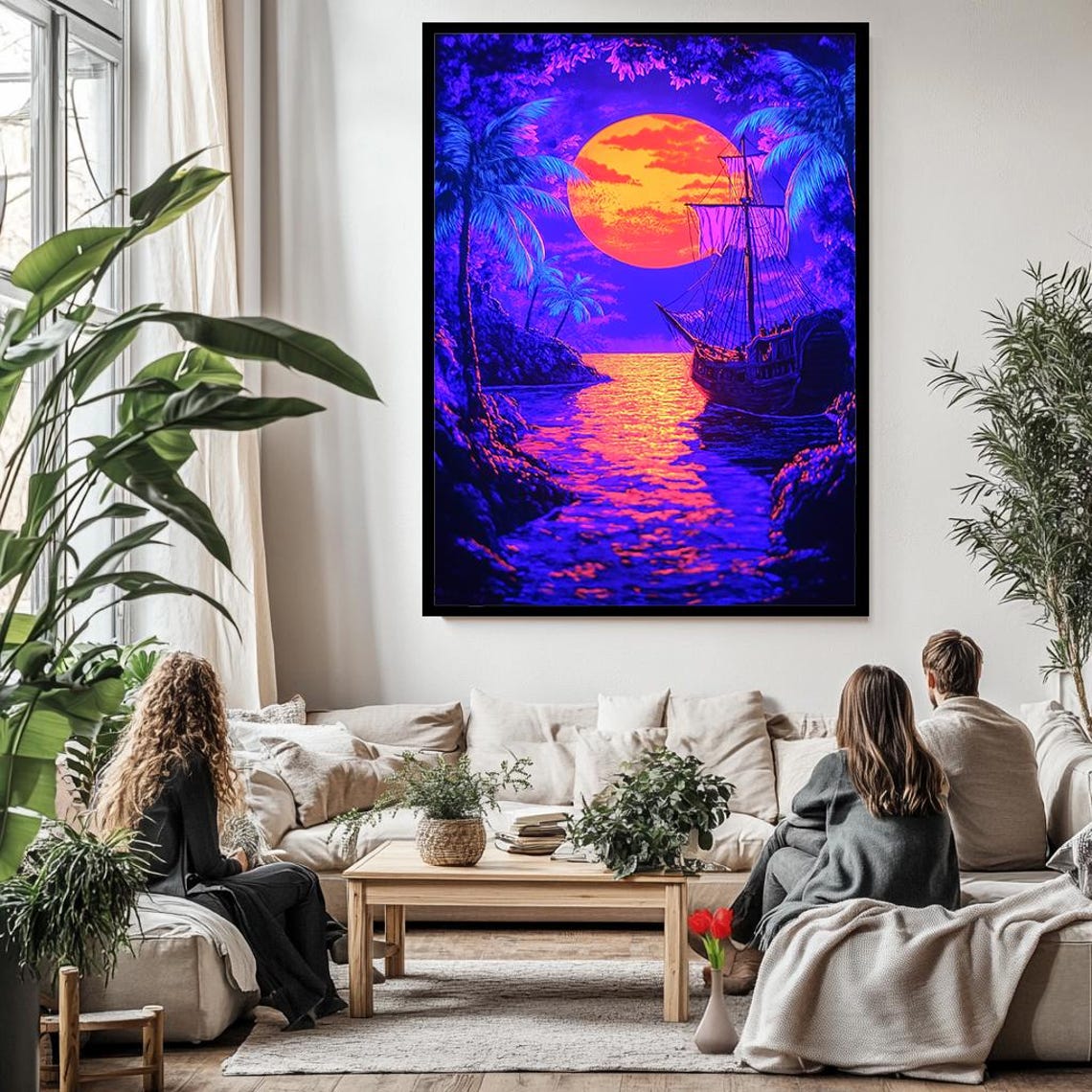 Neon Pirate Ship Sunset Ocean Moon Glow Tropical Retro Art Poster - Image 3
