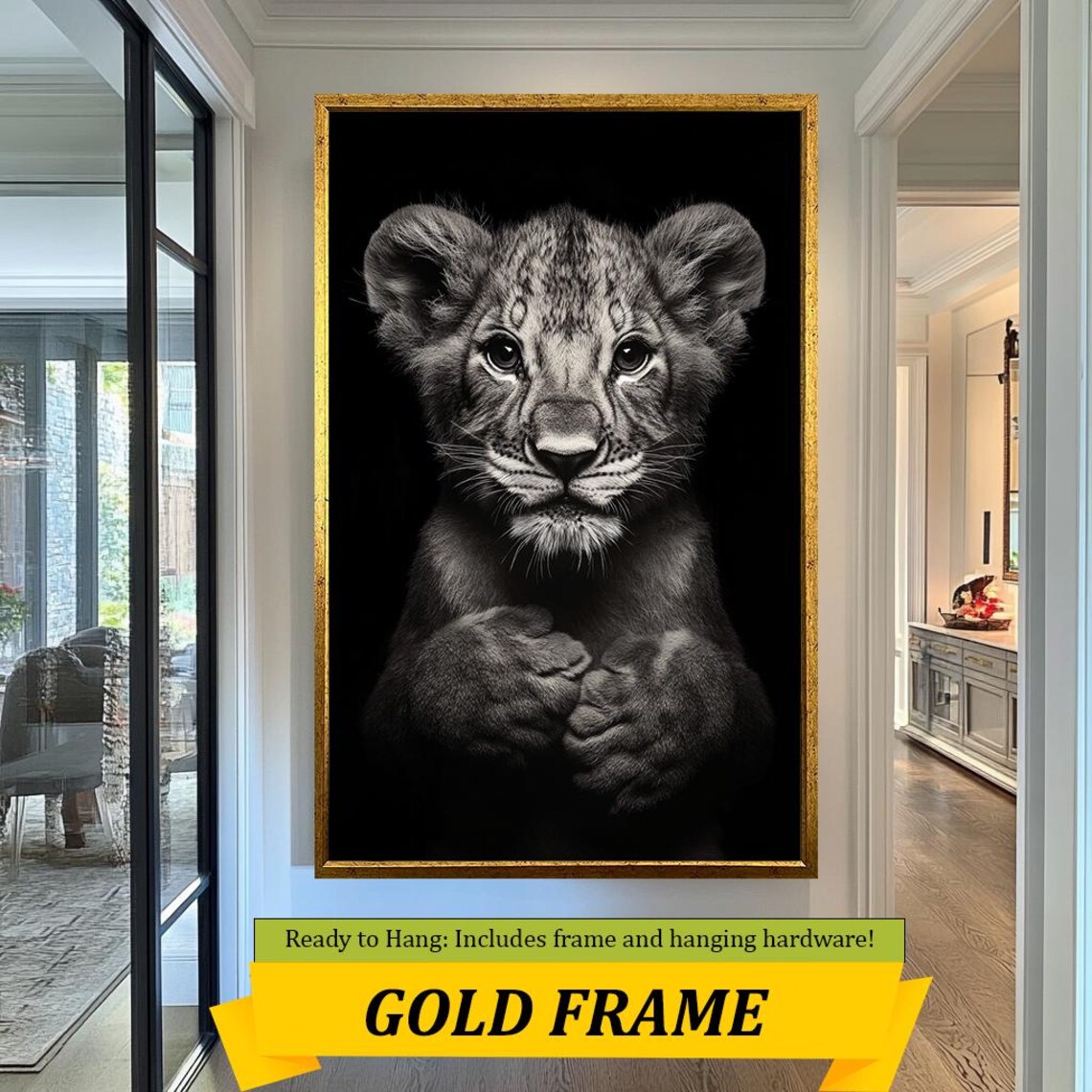 Black And White Lion Cub Portrait Cute Baby Lion Dark Background Poster - Image 5