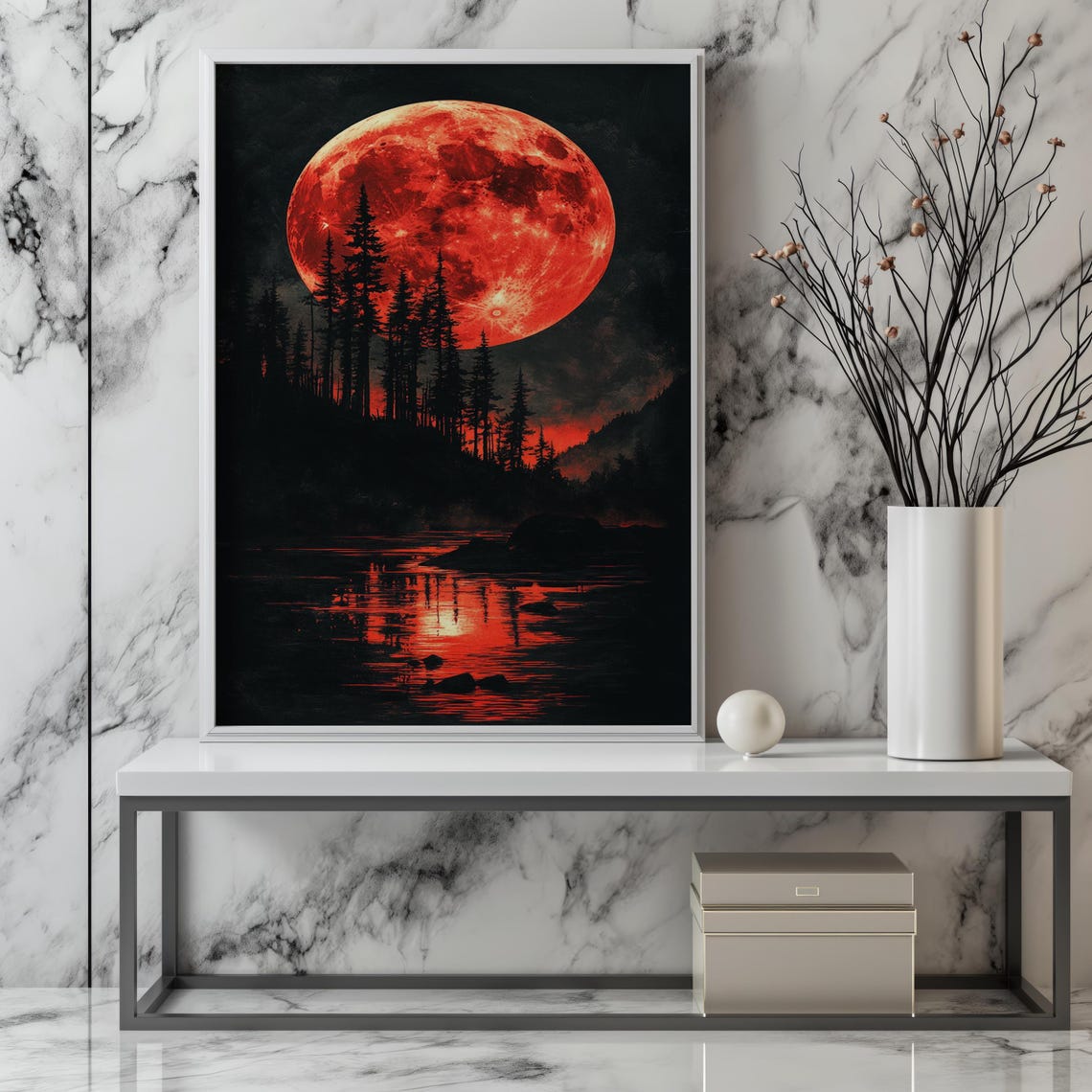 Blood Red Moon Over Pine Forest Lake Night Reflection Gothic Poster - Image 3