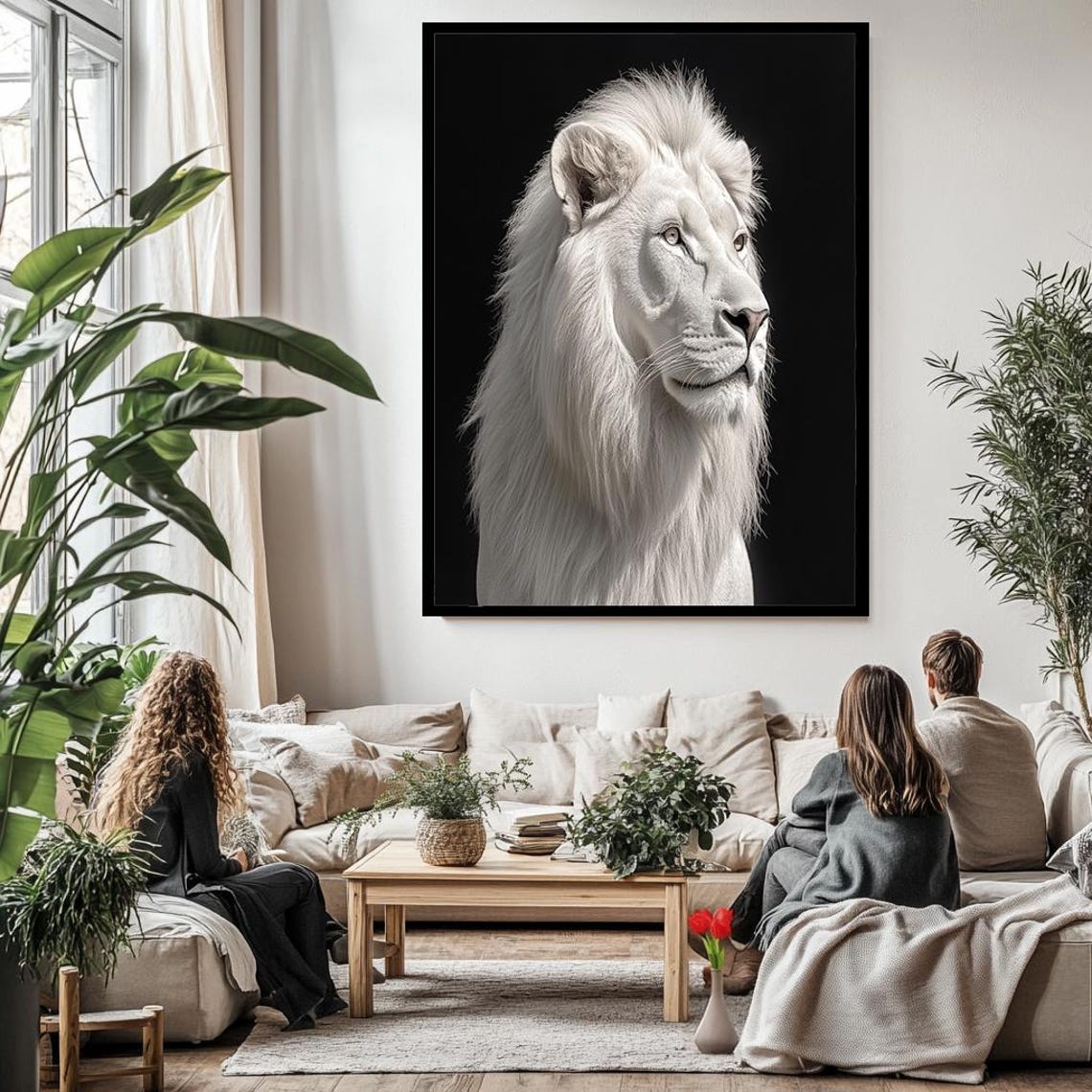 White Lion Side Profile Portrait On Black Background Dramatic Wall Art - Image 3