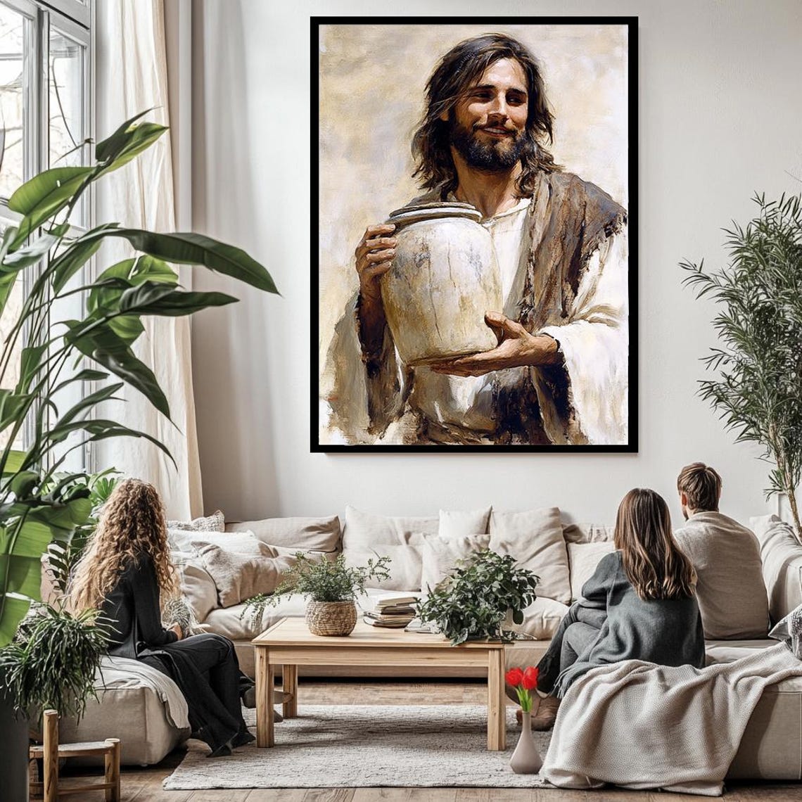 Smiling Jesus Christ Holding Clay Water Jar Biblical Scene Wall Art - Image 3
