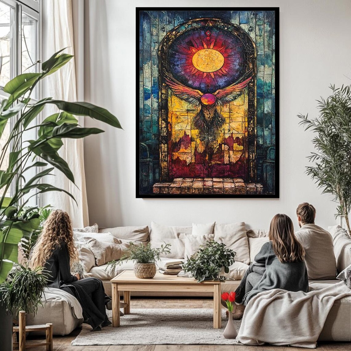 Mystical Sun And Wings Archway Stained Glass Vibrant Mosaic Wall Art - Image 3