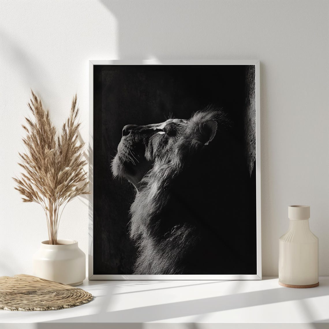 Black And White Lion Profile Looking Up Dramatic Side Light Poster - Image 2