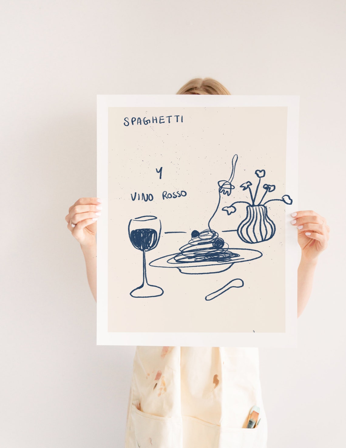 Spaghetti Vino Rosso Blue Line Drawing Italian Kitchen Wall Art Print - Image 3