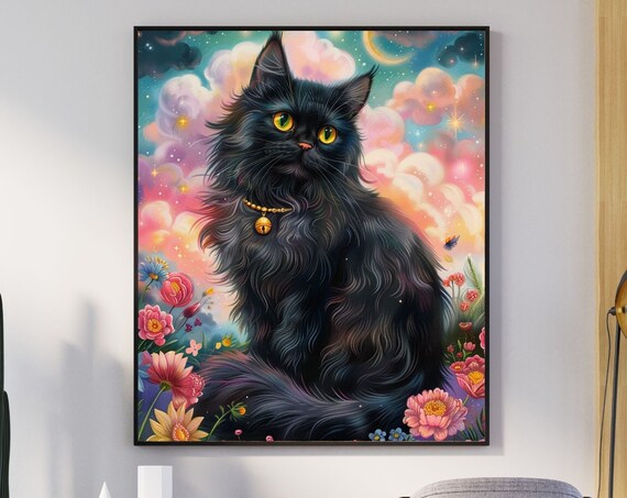 Dreamy Black Cat Fantasy Poster With Flowers Under Cosmic Night Sky