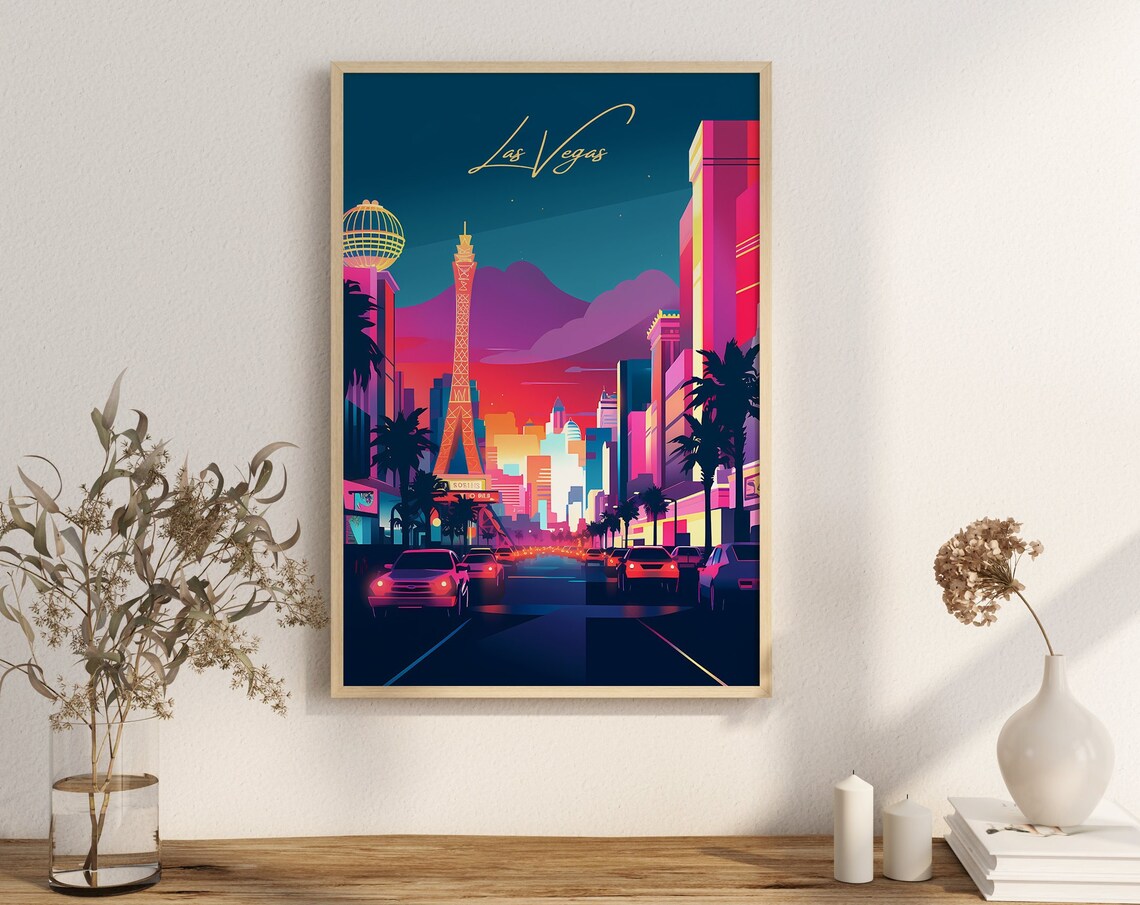 Las Vegas Neon Strip Night Skyline Eiffel Tower Vegas Trip Poster