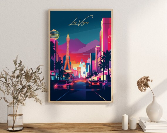 Print Las Vegas Night Poster Nevada Neon Lights Gamble Casinos Wall Decor City Art Usa