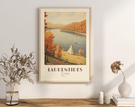 Laurentides Quebec Autumn Lake Canoe Vintage Nature Travel Poster