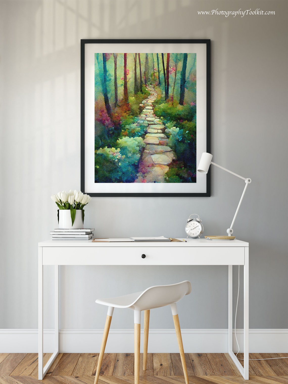 Enchanted Forest Stone Path Watercolor Colorful Trees Garden Poster - Image 2