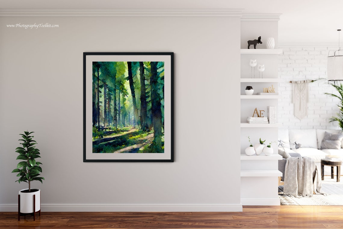 Misty Green Forest Sunlit Woodland Path Serene Watercolor Poster - Image 4