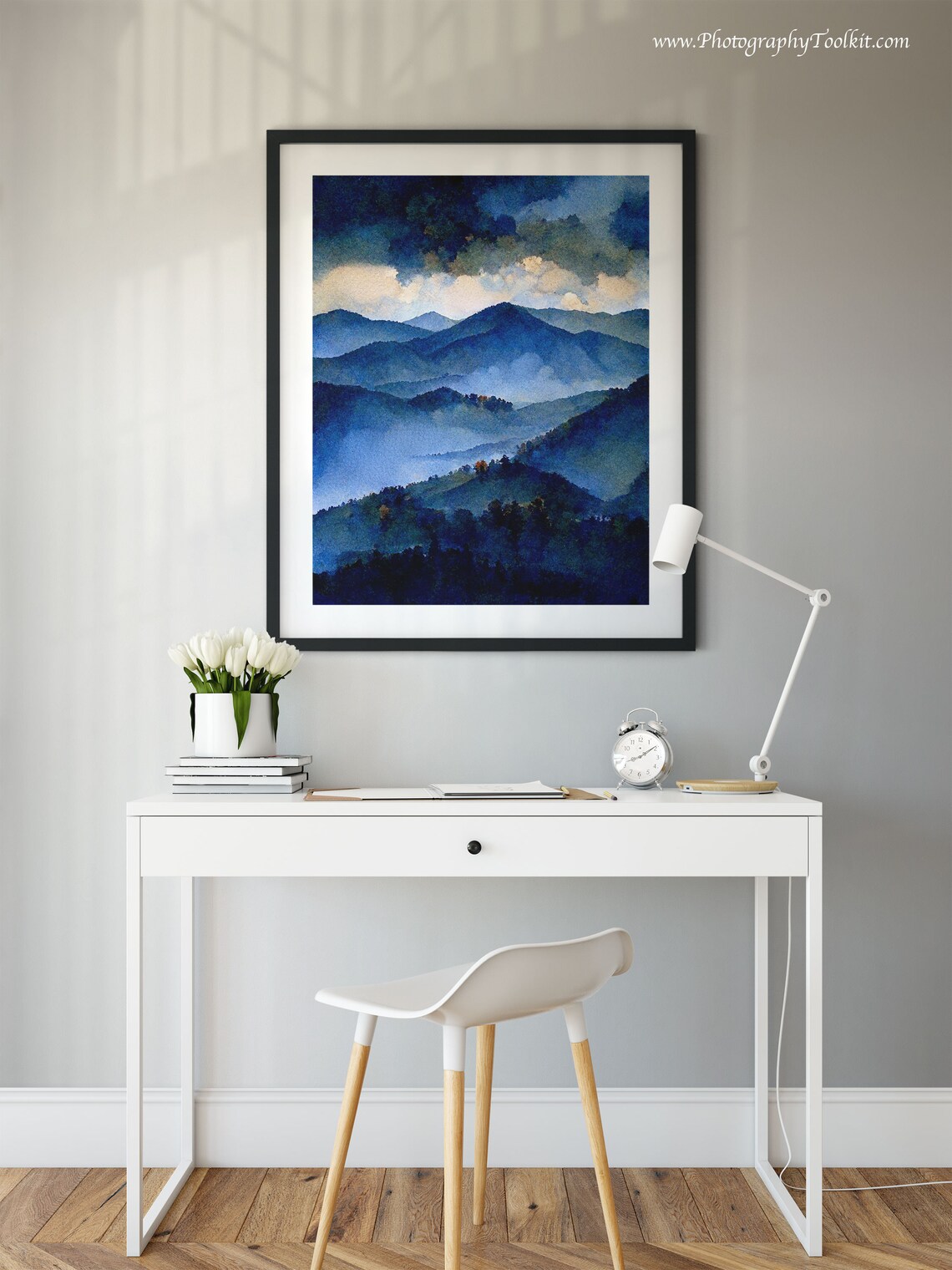 Misty Mountains Under Storm Clouds Watercolor Blue Peaks Moody Poster - Image 2