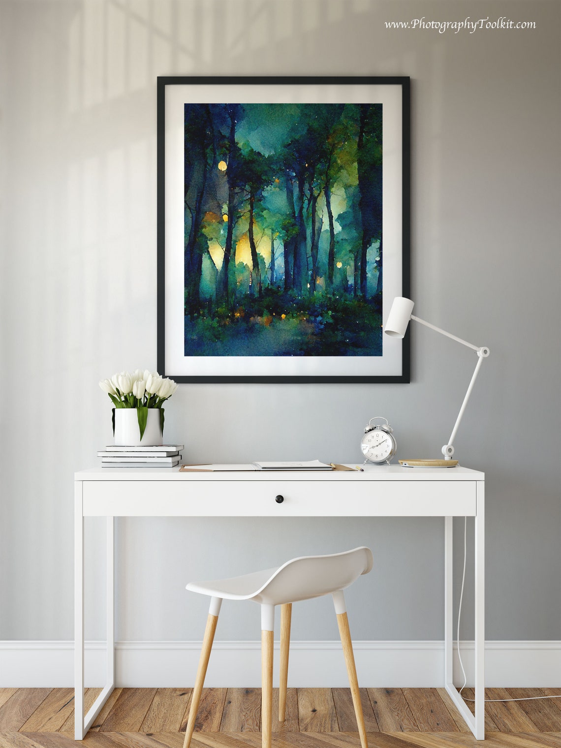 Moonlit Forest Night Glowing Moon Watercolor Dark Trees Poster - Image 2