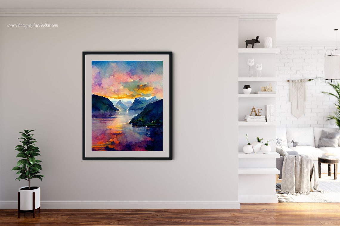 Norwegian Fjord Purple Sunset Mountains Lake Watercolor Poster - Image 4