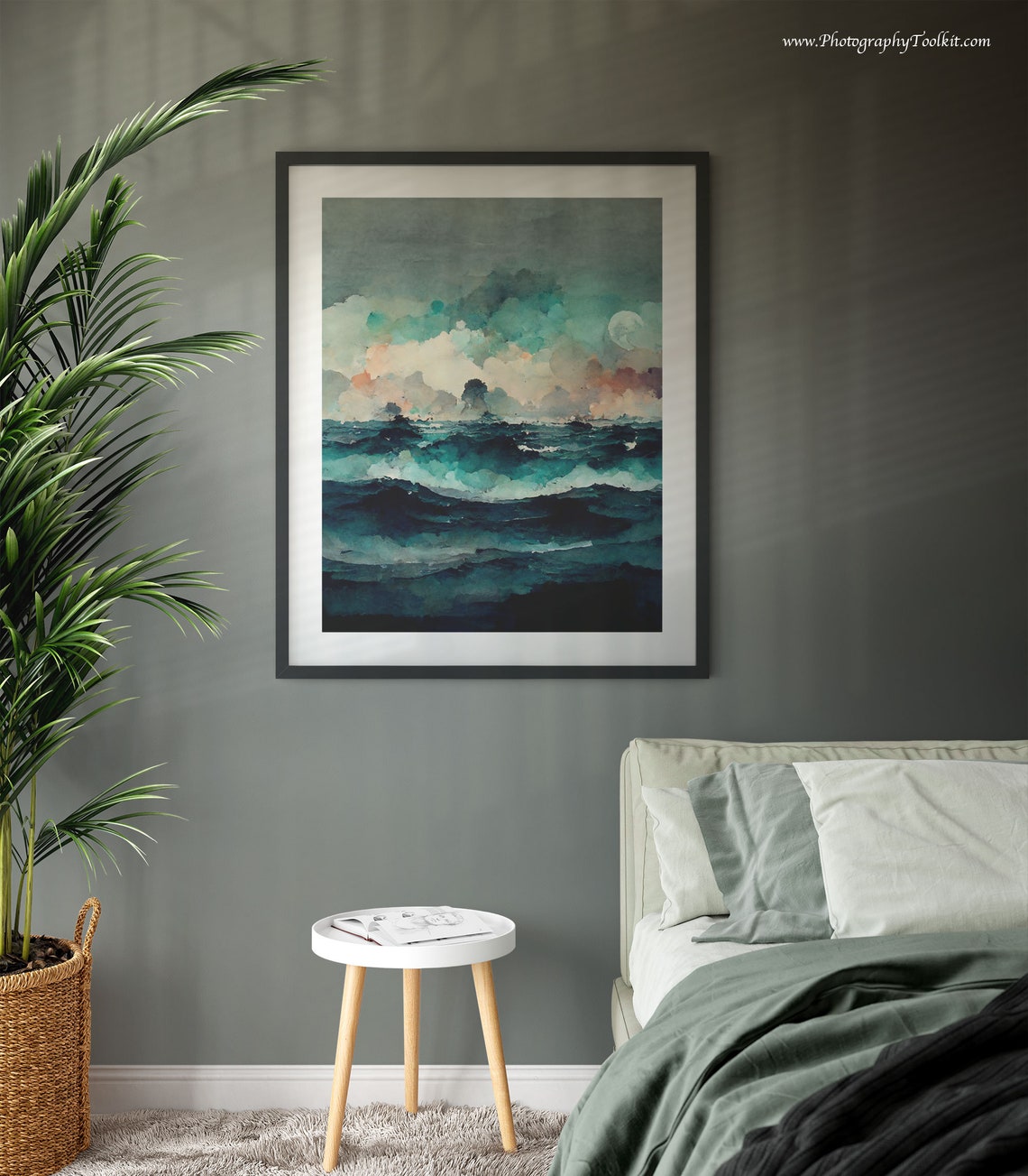 Turquoise Ocean Waves Moonlit Clouds Watercolor Coastal Art Poster - Image 3