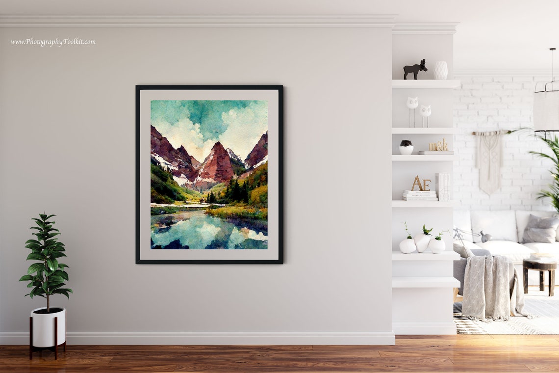 Maroon Bells Colorado Red Peaks Alpine Lake Watercolor Poster - Image 4