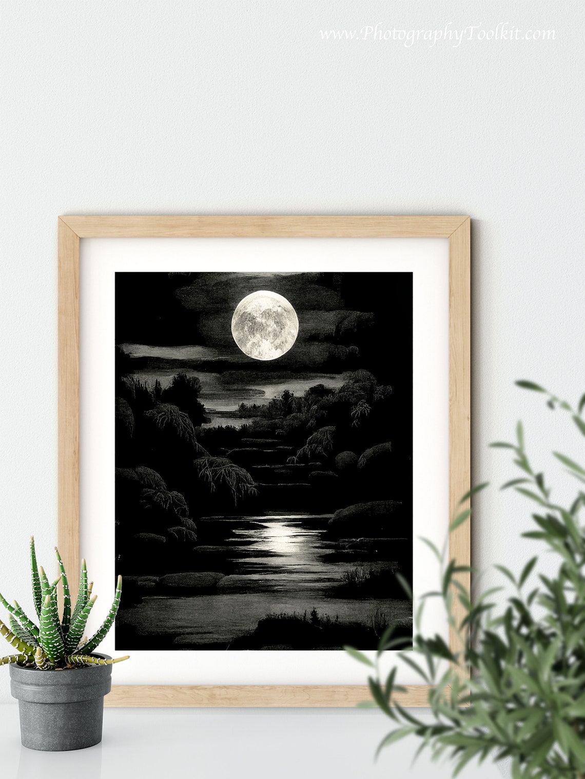 Full Moon Night River Reflection Black and White Moody Landscape Print - Image 5
