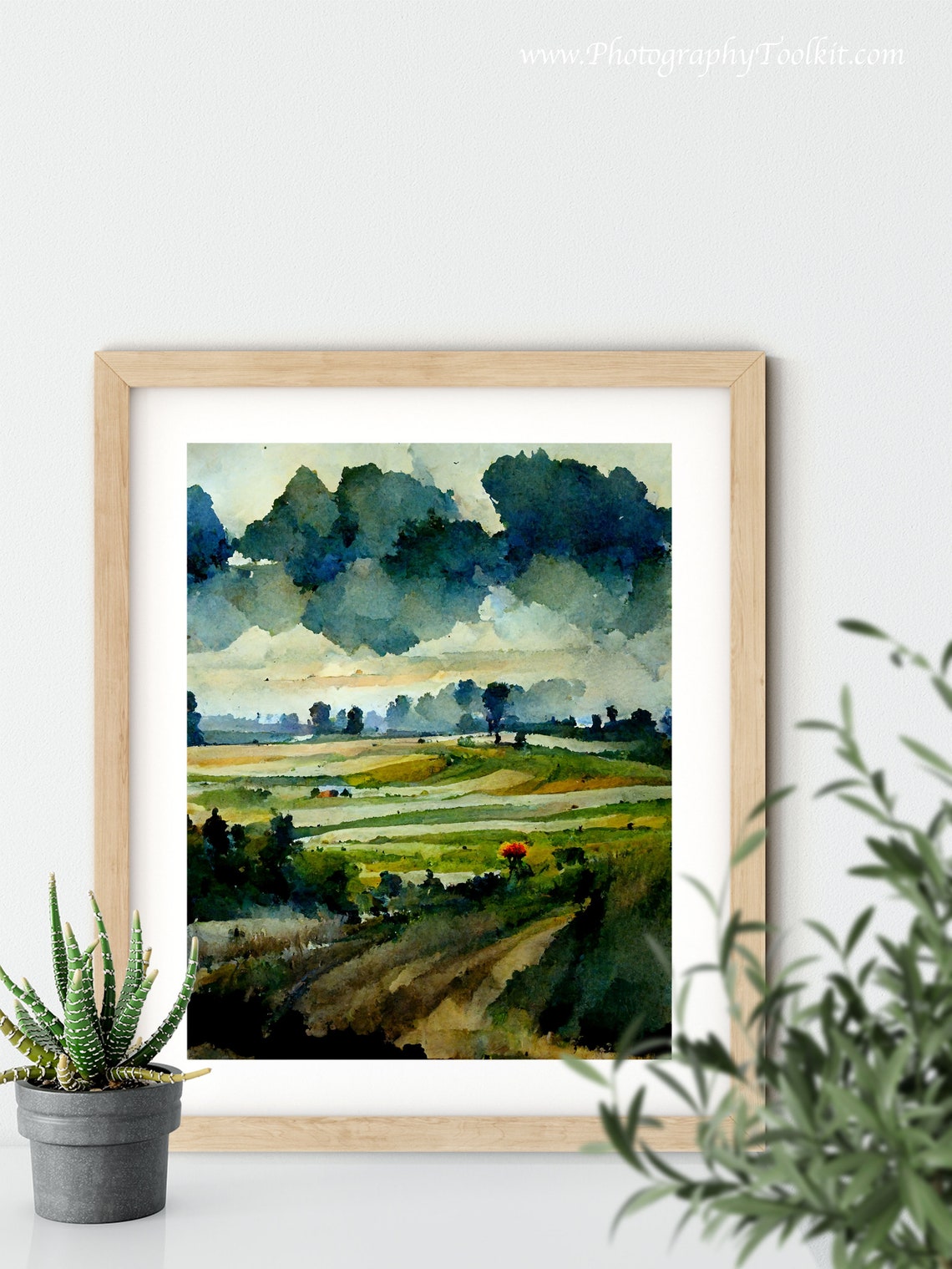 Green Fields Dark Storm Clouds Watercolor Rural Landscape Poster - Image 5