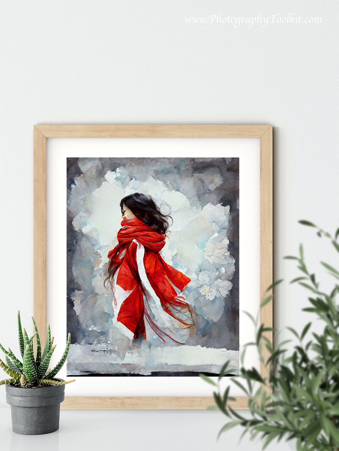 Woman in Red Scarf Winter Watercolor Snowy Evening Portrait Poster - Image 5