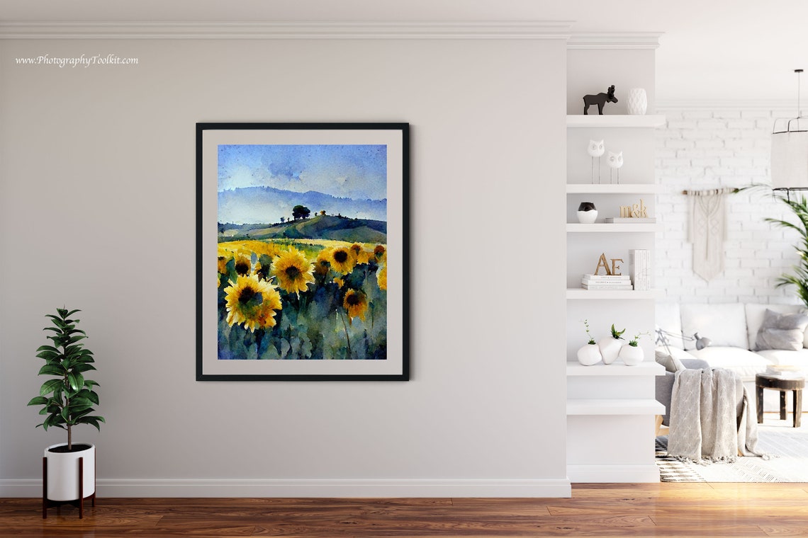 Sunflower Field Blue Hills Watercolor Summer Floral Meadow Poster - Image 4