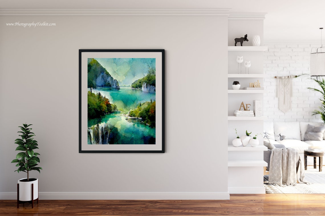 Plitvice Lakes Turquoise Waterfalls Lush Watercolor Scenic Poster - Image 4