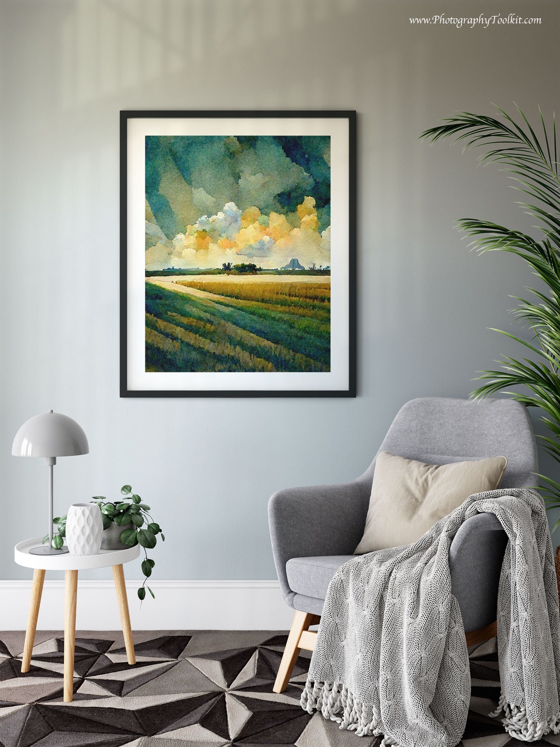 Golden Field Dramatic Golden Clouds Watercolor Landscape Poster - Image 6