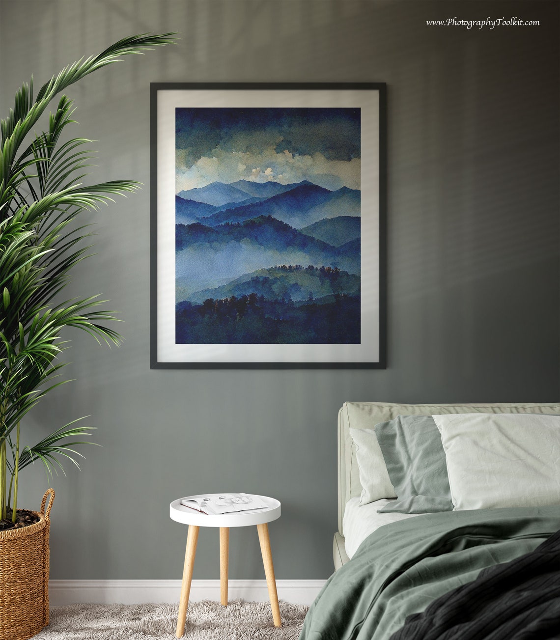 Misty Blue Mountain Range Watercolor Fog Between Peaks Serene Poster - Image 3