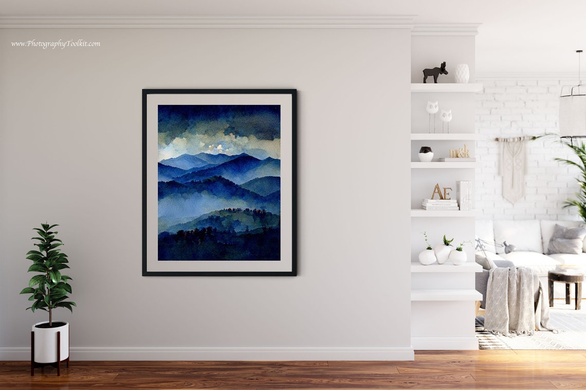 Misty Blue Mountain Range Watercolor Fog Between Peaks Serene Poster - Image 4