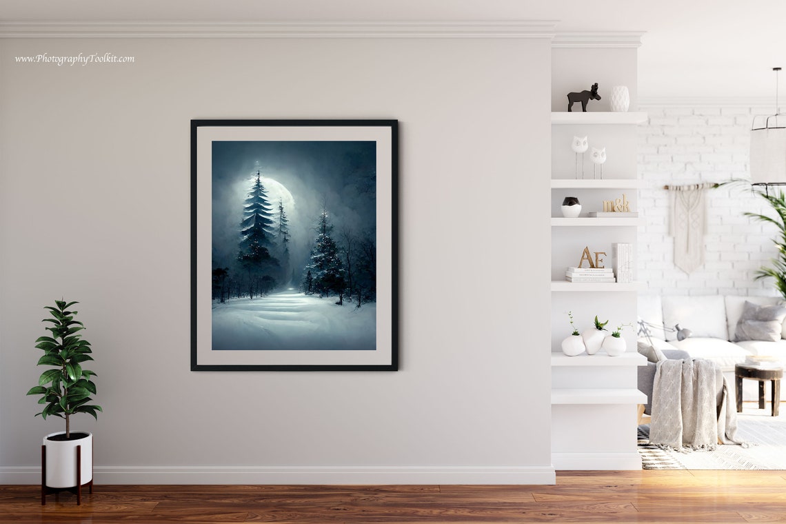 Moonlit Snowy Pine Forest Night Watercolor Winter Landscape Poster - Image 4