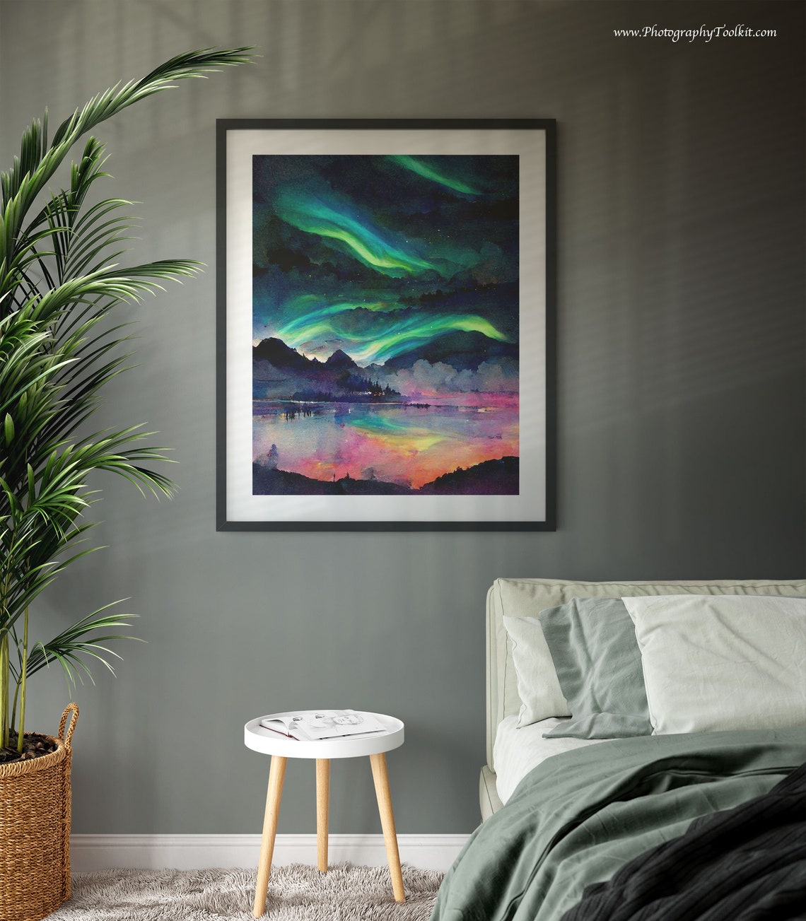 Aurora Borealis Mountain Lake Night Sky Watercolor Scenic Poster - Image 3