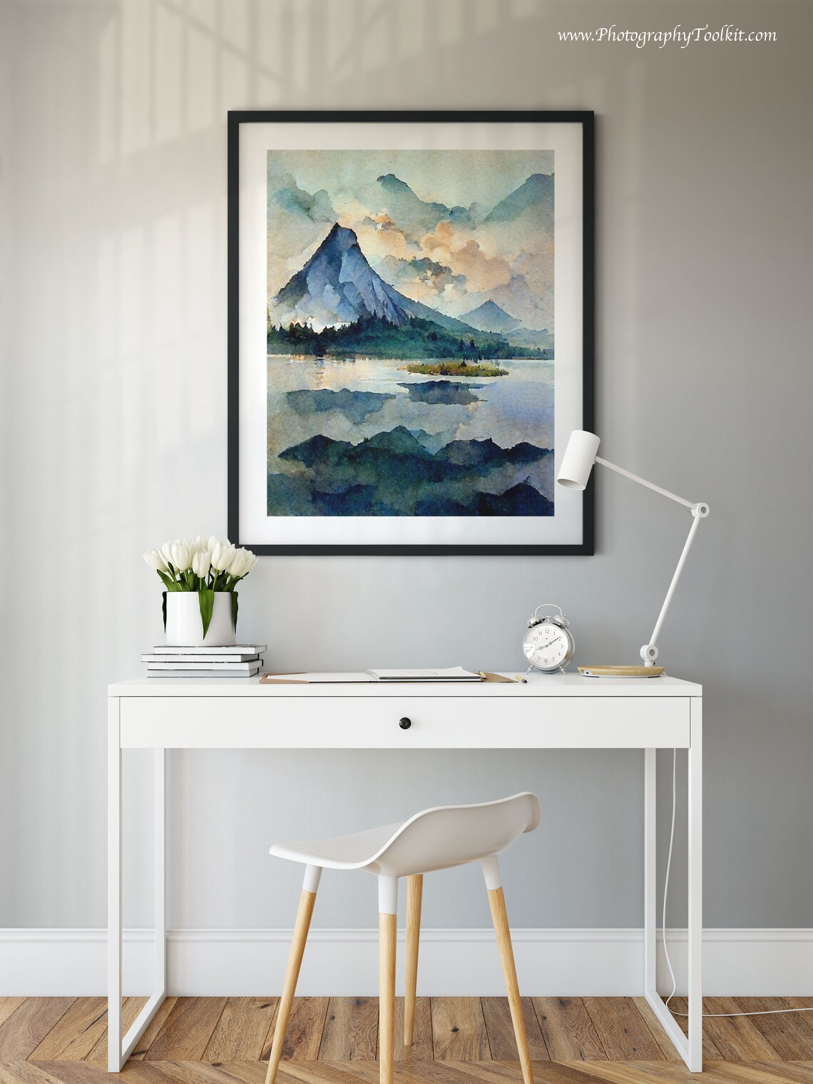 Snowy Mountain Peak Over a Mirror Lake at Sunrise Watercolor Poster - Image 2