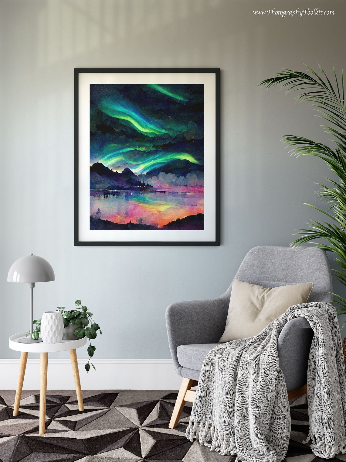 Aurora Borealis Mountain Lake Night Sky Watercolor Scenic Poster - Image 6