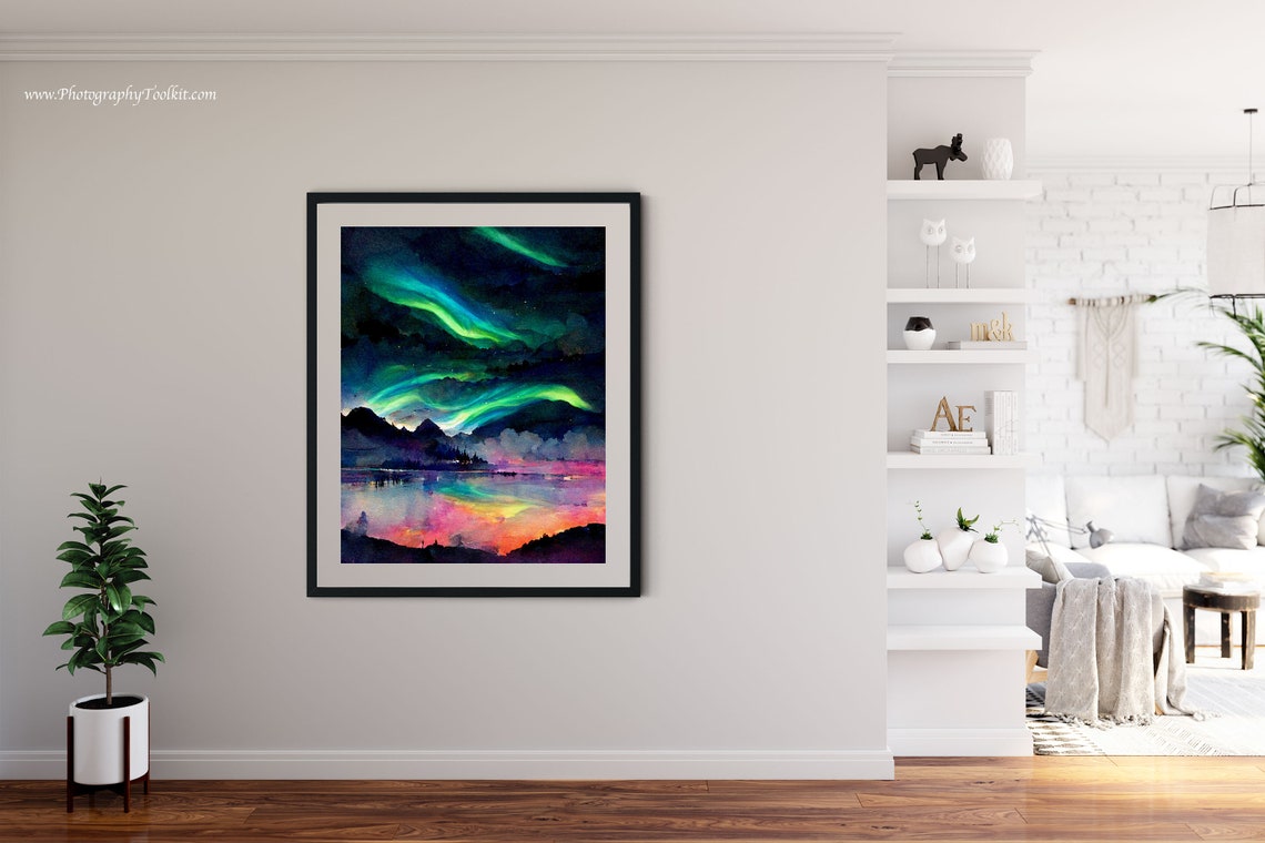 Aurora Borealis Mountain Lake Night Sky Watercolor Scenic Poster - Image 4