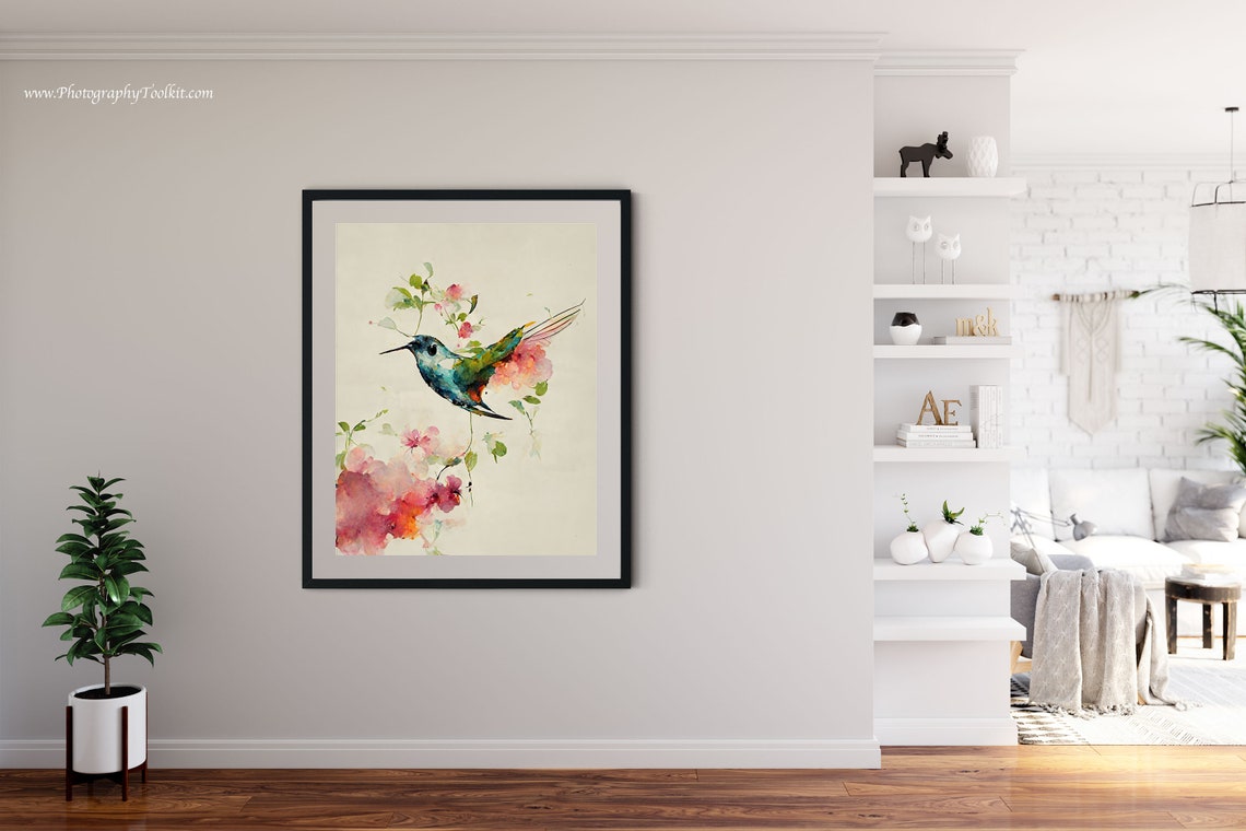 Hummingbird Pink Blossoms Delicate Spring Watercolor Scenic Poster - Image 4