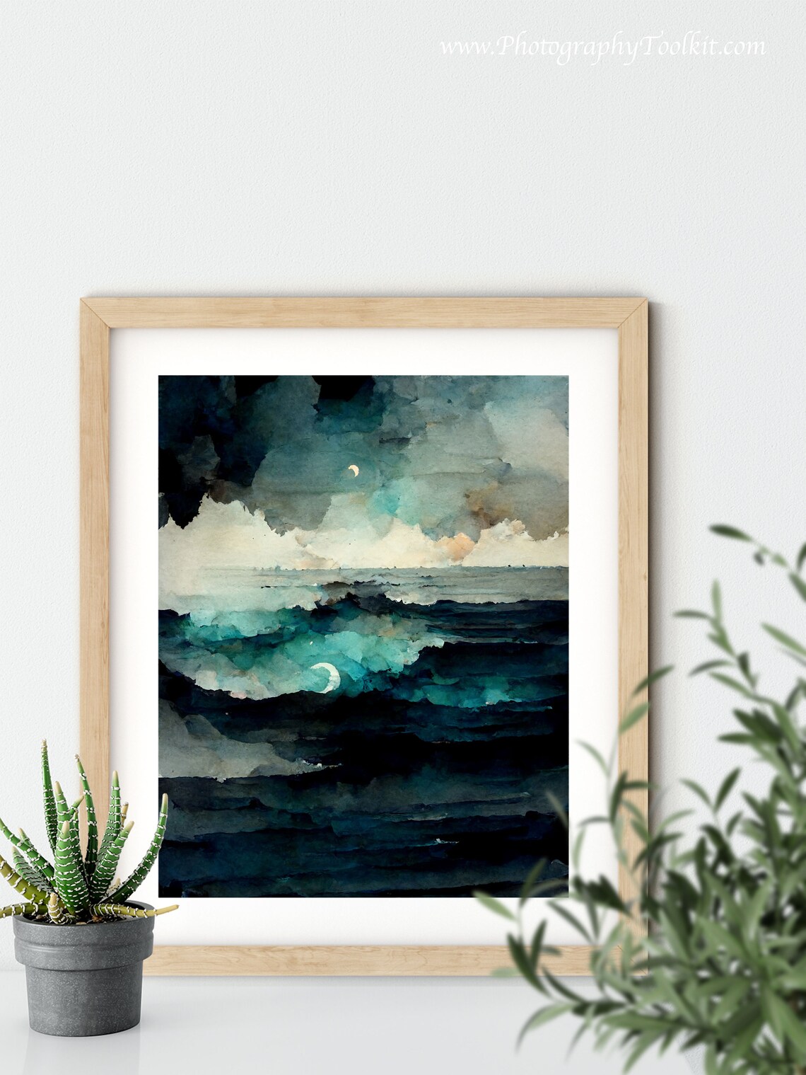 Dark Moonlit Ocean Waves Night Sea Watercolor Moody Coastal Poster - Image 5
