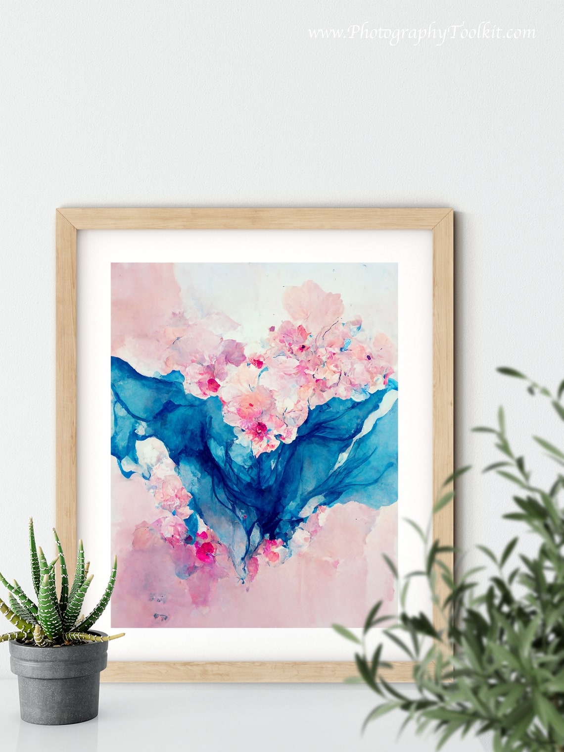 Abstract Blue Ink Pink Blossoms Fluid Watercolor Modern Art Poster - Image 5