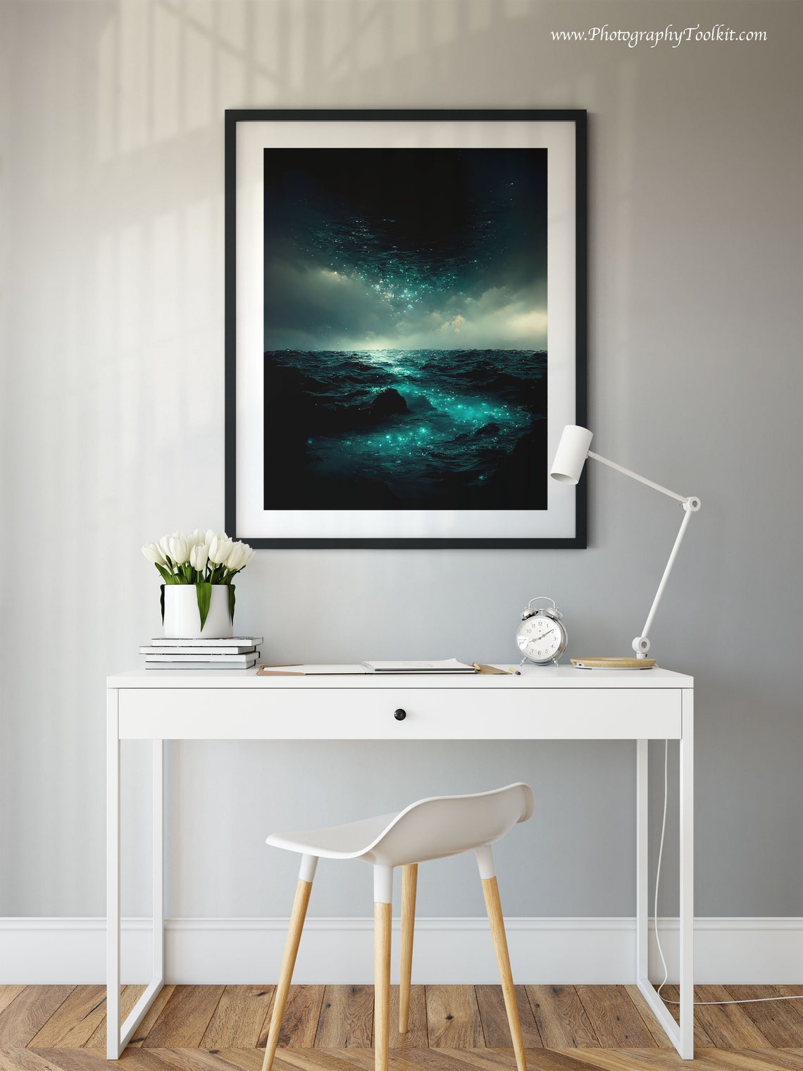 Dark Ocean Night Glowing Waves Electric Seascape Scenic Poster - Image 2