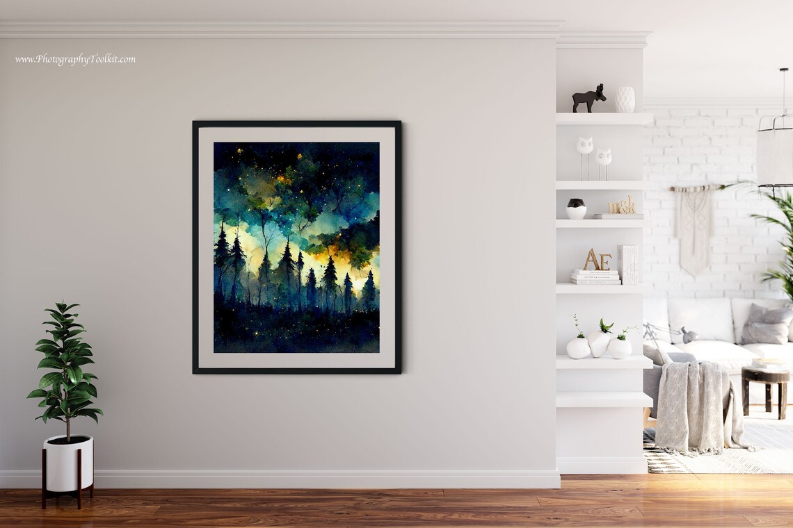 Starry Night In The Forest Watercolor Art Print - Image 4